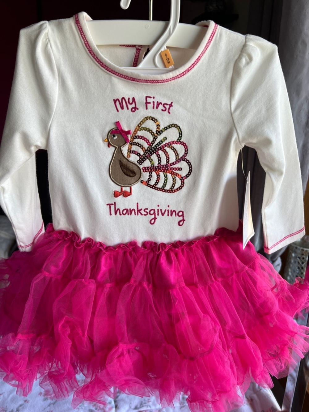 Koala Kids White Long Sleeve Dress with Hot Pink Tulle Skirt